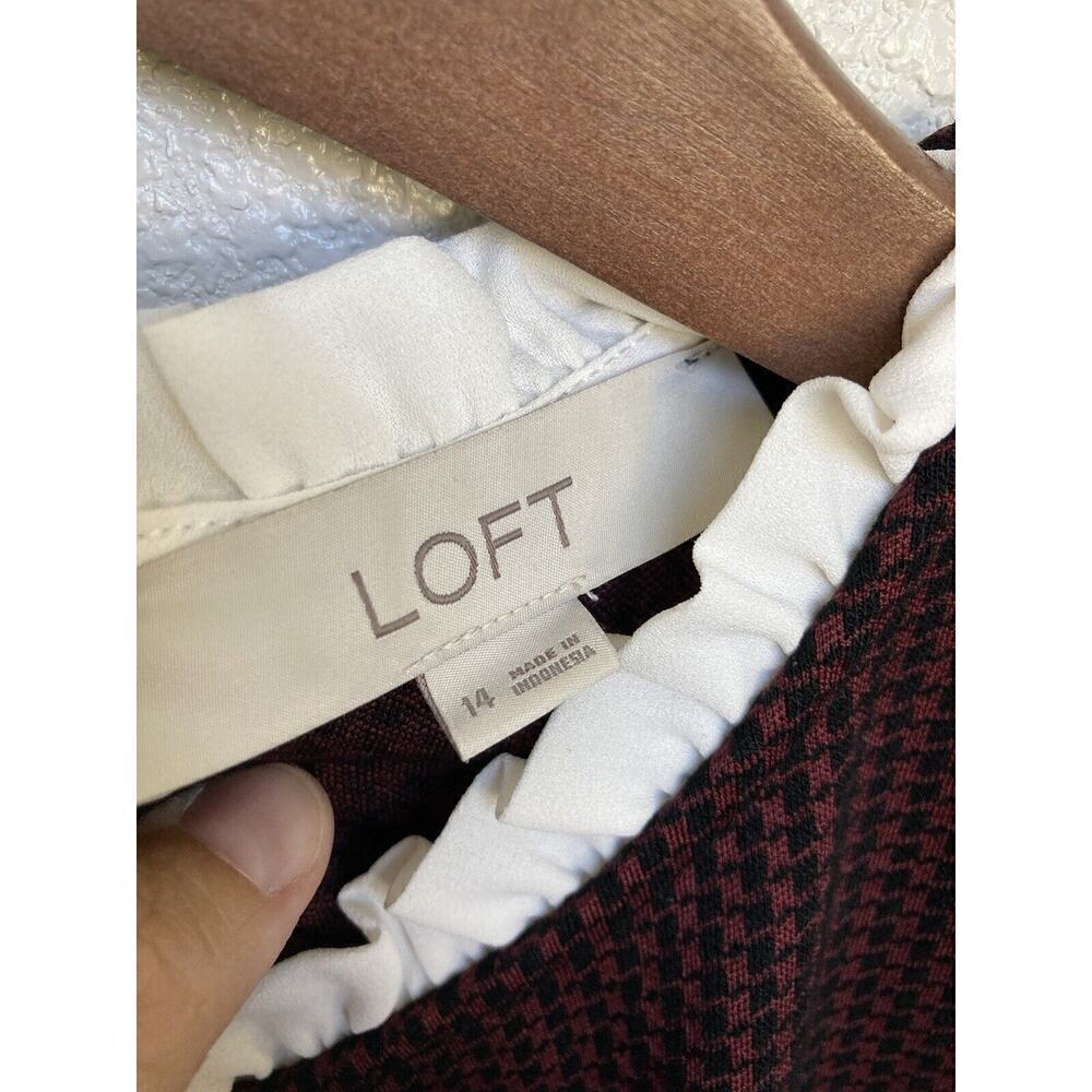 NWOT LOFT Houndtooth Mini Dress size 14 red and black ruffle neck holiday - Picture 7 of 7